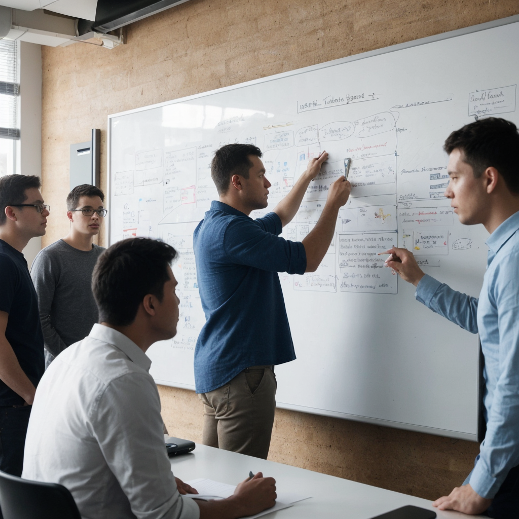 Software engineers gathered together drawing on a whiteboard and planning things out